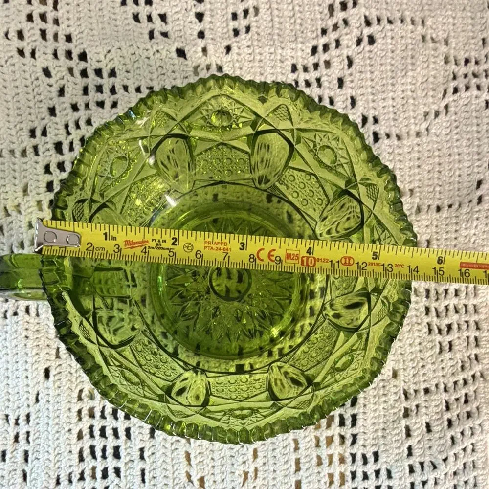 Vintage Olive Green L.E. Smith Glass Hobstar Nappy Candy Dish Scalloped Rim